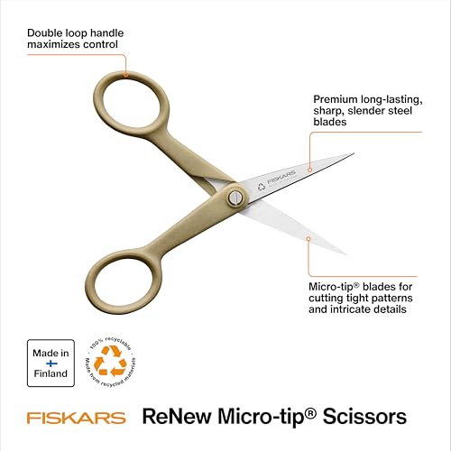 Fiskars 5" Recycled Micro-Tip Fabric Scissors, Detail Craft Scissors, Beige