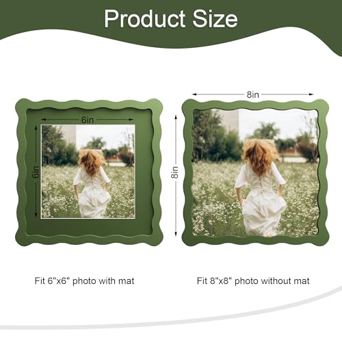 8x8 Picture Frame with Mat for 6x6, Wavy Edge Wooden Real Glass Photo Frame for Tabletop and Wall Hanging, Green, 1 Pack - color: Green, size: 8x8 in