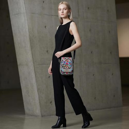Embroidery Flowers Canvas Crossbody Bag, Women Messenger Bag, Cellphone Pouch Purse - color: Red