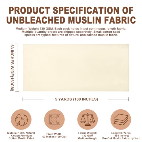 100% Cotton Muslin Fabric, 63 Inch X 5 Yards (180 Inches) Unbleached Muslin Linen Fabric by the Yard, Premium Medium Weight Muslin Cloth Fabric for Sewing, Embroidery, Crafts, & Apparel Projects - size: 5 Yards