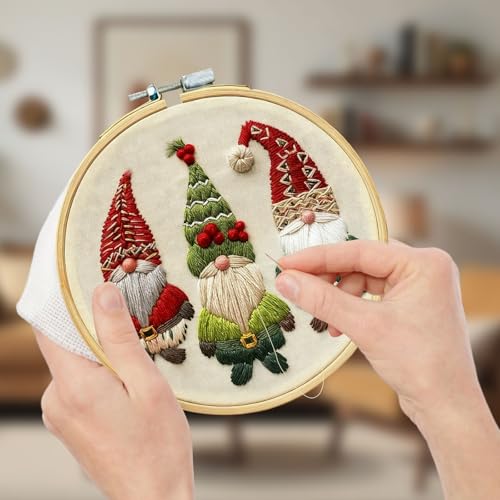 RUIQLXHANG Christmas Embroidery Kit - Christmas Gnomes Embroidery Kits for Beginners with Pattern, Cotton Threads, Needles, Instruction, 20cm Hoop, Gift for Mom, Grandma - color: Christmas Gnomes