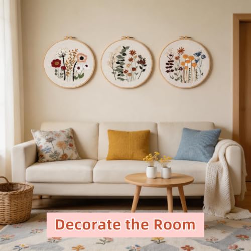 Herdiese Embroidery Kit for Beginners & Adults, 3 Floral Patterns & Hoop - color: Flower-E (3 Pack)
