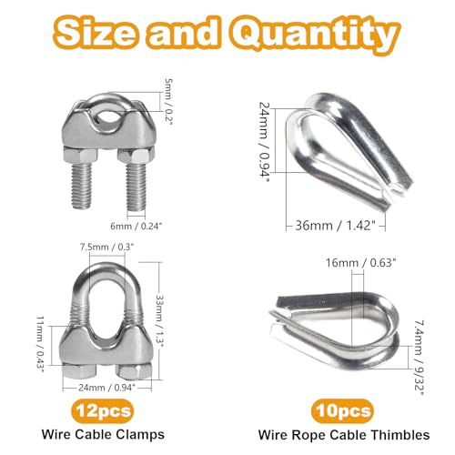 12Pcs 1/4'' M6 Wire Rope Clamps 10Pcs M6 Wire Rope Thimble - size: M6 - 1/4”