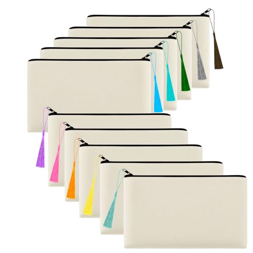 Beige Canvas Zipper Pouch Bulk Makeup Cosmetic Bag with Tassels, 10 Pack