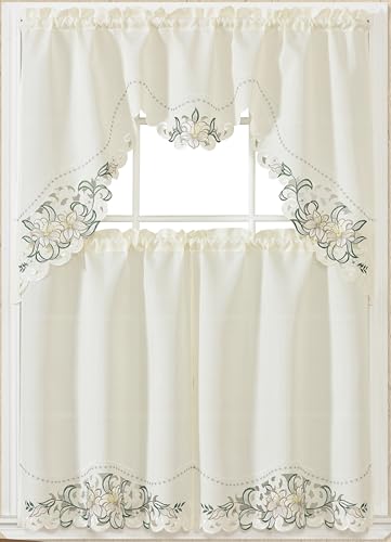 GOHD Lily Fragrance 3pcs Colorful Embroidery Kitchen Cafe Curtain Set.Taupe - color: Taupe