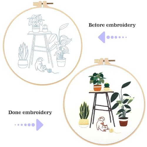 spicssa 2 PCS Embroidery Kit for Beginners, Hand Needlepoint Kits for Adults with Pre-Stamped Patterns, 7.8-Inch Hoop, Threads & Needles, Step by Step Instructions - color: green plants A