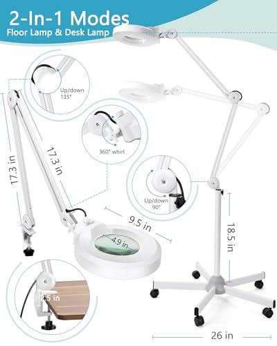 15X Super Bright 2,200 Lumens Magnifying Glass with Light and Stand, Floor Lamp with 5 Wheels Rolling Base for Lash Estheticians, Stepless Dimmable, LED Lighted Magnifier for Sewing Crafts - White - color: White