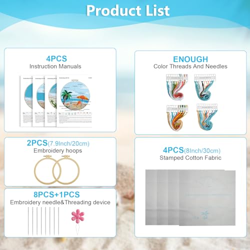 4 Set Ocean Embroidery Kit for Beginners Adults Embroidery Starter Kit Ocean Beach Pattern Spring Summer Hand Crewel Embroidery Kit Cross Stitch Kit Include Instruction 2 Hoops Color Threads Needles - color: Ocean