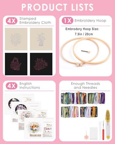 TINDTOP Embroidery Kit for Adults, Ribbon Embroidery Practice Kits for Beginners Adults Include Embroidery Cloth Hoops Threads for Craft Lover Hand Stitch (Flowers) - color: FLowers(Silk Ribbon Embroidery)