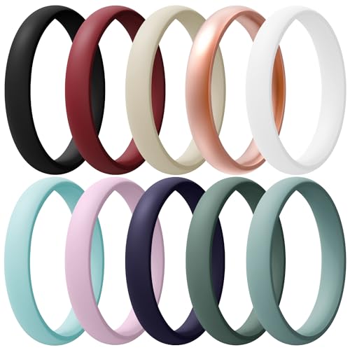Egnaro Women's Silicone Wedding Ring 2.5mm Wide 1.8mm Thick Rubber Band Set - color: 2-Black, Maroon, Cream Beige, Light Rose Gold, White, Light Green, Light Pink, Dark Blue, Green, Cloudy Green