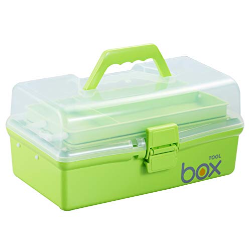 Kinsorcai 12'' Three-Layer Clear Plastic Storage Box/Tool Box, Multipurpose Organizer and Portable Handled Storage Case for Art Craft and Cosmetic (Green) - color: green, size: 1PCS