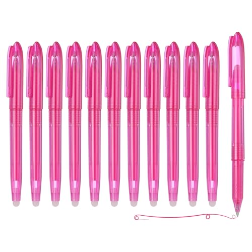 PATIKIL 12Pcs Erasable Gel Pens, 0.5mm Fine Point Heat Erasable Marking Pen with Cap Smooth Writing Fabric Markers for Sewing Drawing Writing Planner, Pink Ink - color: Pink