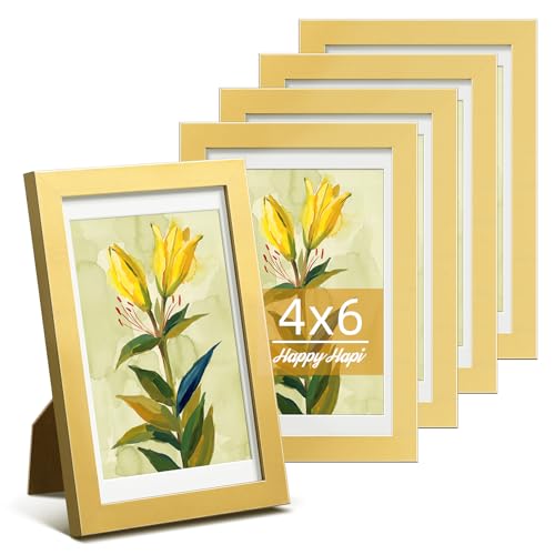 HappyHapi 4x6 Picture Frame Set of 5, Display Photo 3.5x5 with Mat or 4x6 without, Gallery Wall Frame Set, Wall or Tabletop Display (Gold) - color: gold, size: 4x6