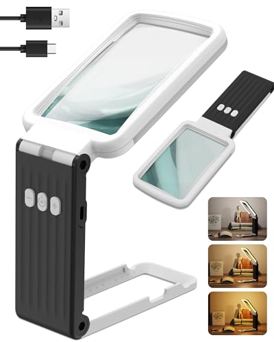 15X Magnifying Glass with Light and Stand, Rechargeable Folding Handheld Real Glass Magnifier, 3 Color Modes Dimmable Lighted Page Magnifying Sheet for Seniors Low Vision Small Prints - color: Black-white