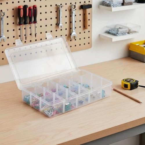 2 Pack Plastic Organizer Box with 14 Removable Dividers,15-Compartment Clear Storage Box for Crafts, Beads, Jewelry & Small Parts (10.5x6.5x2.2 Inches)