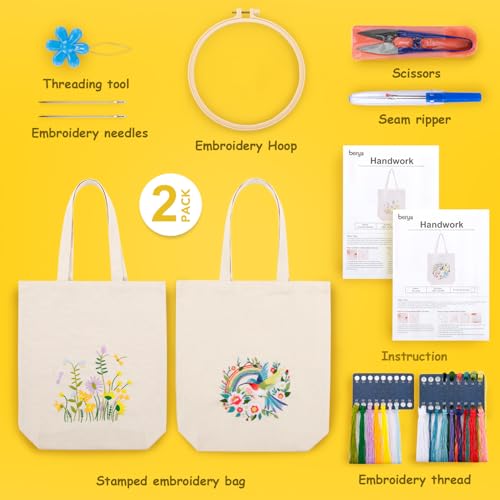 BERYA 2 Pack Canvas Tote Bag DIY Needlepoint Embroidery Kit for Beginners - color: Summer Garden& Fly song