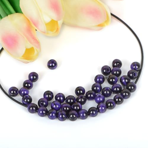 AD Beads Natural Gemstone 8mm Round Loose Beads Big Hole 2.5mm Sized 40pcs (Purple Tiger's Eye) - color: Purple tiger's eye