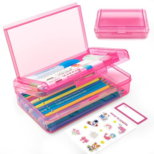 Double Layer Plastic Clear Hard Pencil Cases Box with Personalized sticker - color: Pink-Stickers