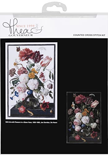 Thea Gouverneur - Counted Cross Stitch Kit - Still Life with Flowers in a glass Vase - 2 - Aida Black - 14 count - for Adults - DMC Embroidery Threads and other Cross Stitch Supplies Included - 785.07 - color: 785.07 Aida 14 Black