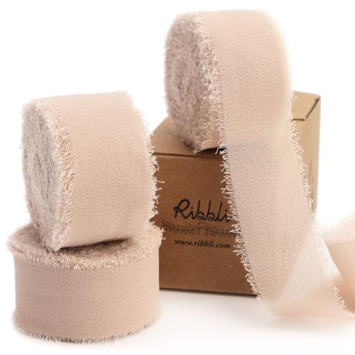 Ribbli Beige Ribbon 1 Inch x 3 Rolls Total 24 Yards Natural Handmade Fringe Chiffon Silk Ribbon for Wrapping Wedding Invitations Bridal Bouquets DIY Crafts Home Decor - color: Beige