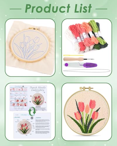 ERKOON Punch Needle Kit Beginners Adults, DIY Easy Flower Embroidery Set for Starter Art Craft, Needling Punching Project with Patterns, Tools, Yarns, Hoop, Instruction (Tulips) - color: Tulips