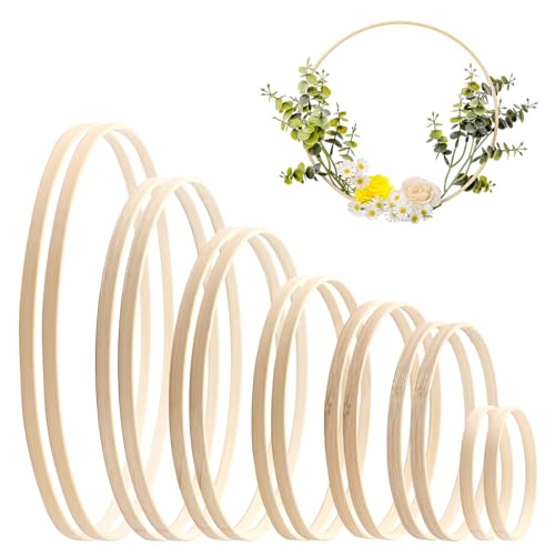 Jetec 14 Pcs Wooden Bamboo Floral Hoop 7 Sizes Set Macrame Craft Rings Wreath Round Wooden Hoops for DIY Wedding Wreath Decor Dream Wall Hanging Catcher Crafts Making
