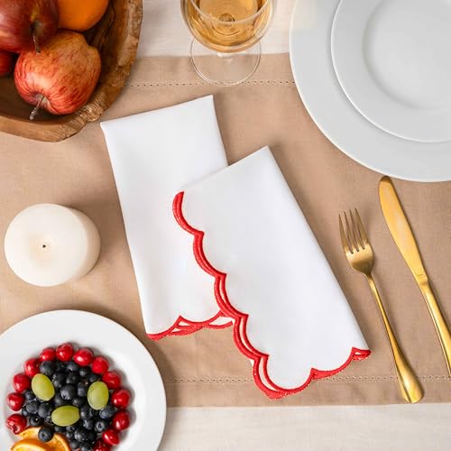 Blue Needles Cotton Scalloped Embroidery Cloth Napkins 17X17Inch - Set of 4 - color: White(edges - Red)