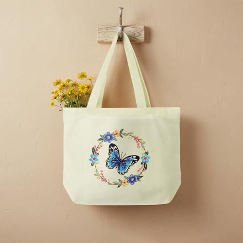 ERKOON Canvas Tote Bag Embroidery Kit for Beginners, Floral Arts Crafts Cross Stitch Kits for Adults Including Stamped Embroidery Bag with Hoops, Needle, Instruction and Color Threads (Butterfly) - color: Butterfly-White