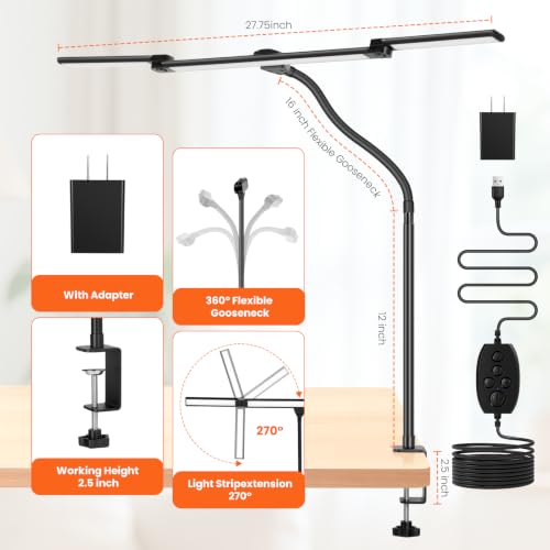 LED Desk Lamp for Office Home, 3 Head Adjustable Desk Light with Adapter - color: Black