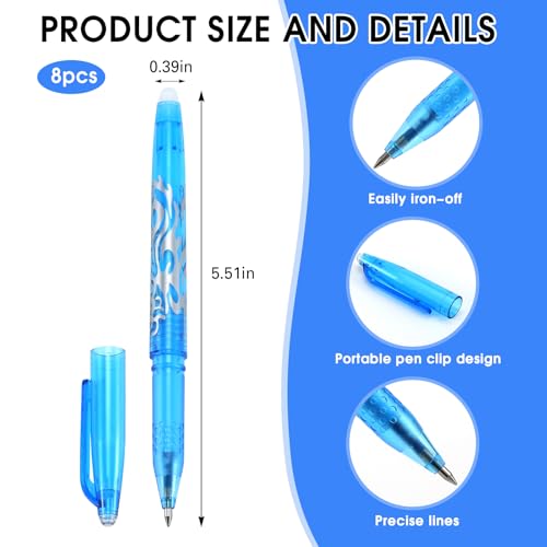 8pcs Heat Erasable Pens for Fabric, Disappearing Ink No Ghost Lines