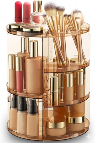 Masirs 360 Rotating Makeup Organizer Countertop, Adjustable Shelf, Brown - color: Brown
