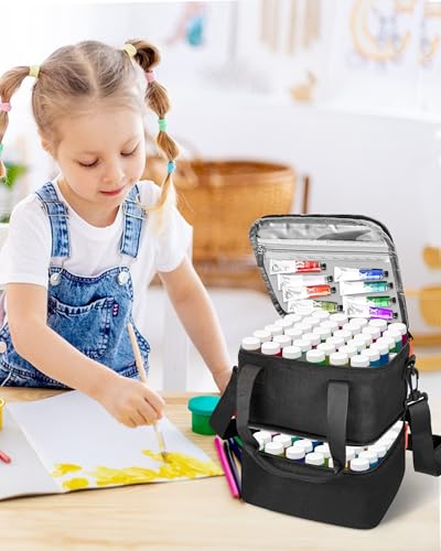 Acrylic Paint Organizer Bag for 72 Bottles (2 oz), Portable Acrylic Paint Storage Case with Shoulder Strap & Handle,Double Layer Art Supply Carrying Bag with Removable Dividers & Extra Pocket
