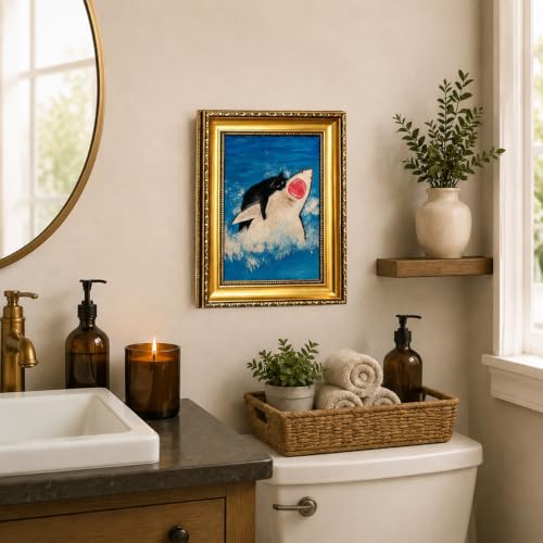 Vintage Gold Framed Black Cat Riding Shark Wall Art,12x16in - color: Cat Riding Shark Gold Framed, size: 16"L x 12"W