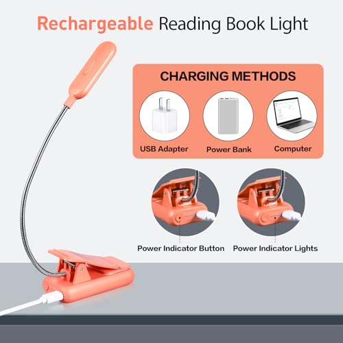 VAVOFO Rechargeable Reading Light, Clip on Book Light for Reading in Bed - color: Orange