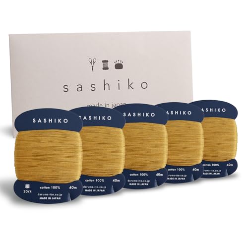 DARUMA Sashiko Thread 100% Cotton Card Type (43.7 yd) x 5pcs with English Manual, Sewing & Embroidery Value Set with Gift Package(Gold) - color: Gold