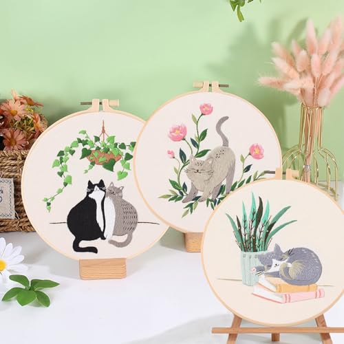 Ohcol 3 Sets Cat Embroidery Kit,Needlepoint Kits for Adults Beginner,Needle Point Sets with Washable Pre-Printed Pattern,1 Hoop,Women Hand Crafts - color: Q-Cat (3 Patterns, 1 Hoop + Extas)