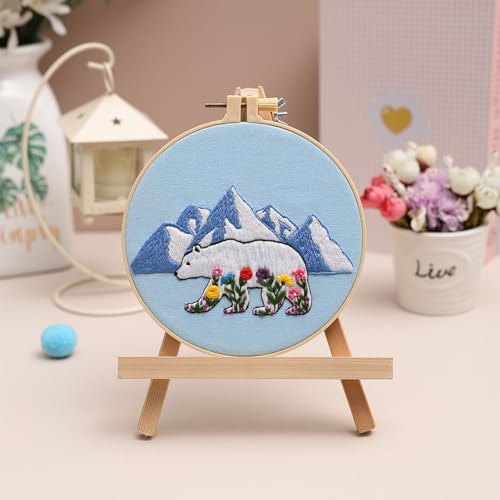 Louise Maelys Glacial Polar Bear and Flowers Embroidery Kit DIY Craft - color: glacier