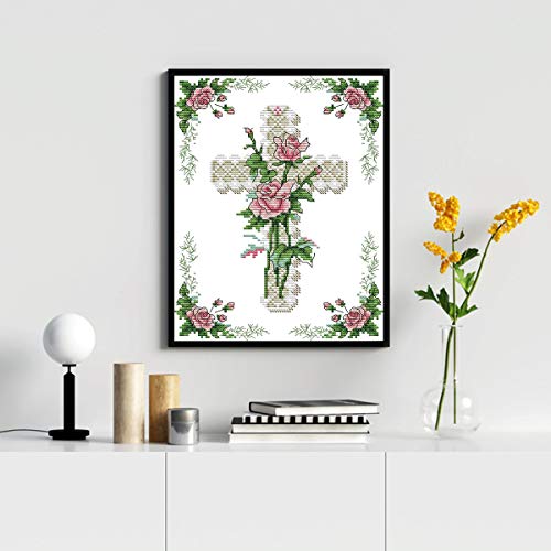 Printed Cross Stitch Kits 11CT 10X14 inch 100% Cotton Holiday Gift DIY Embroidery Starter Kits Easy Patterns Embroidery for Adults Crafts DMC Stamped Cross-Stitch Supplies Needlework The Cross Rose - color: Stamped 10×14 inch