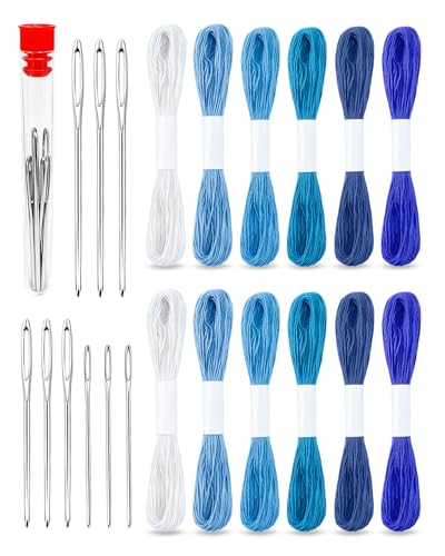 eZAKKA Sashiko Thread Kit with 12 Blue Skeins & 9 Needles for Mending Craft - color: Blue Thread & Needles Set(21Pcs)