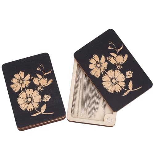 AHANDMAKER 2 pcs Wooden Needle Box Sewing Needle Storage Box Sewing Pins Organizer with Flower Print for Quilters, Sewers, Tailors, Black,3.15x1.97x0.14 Inch