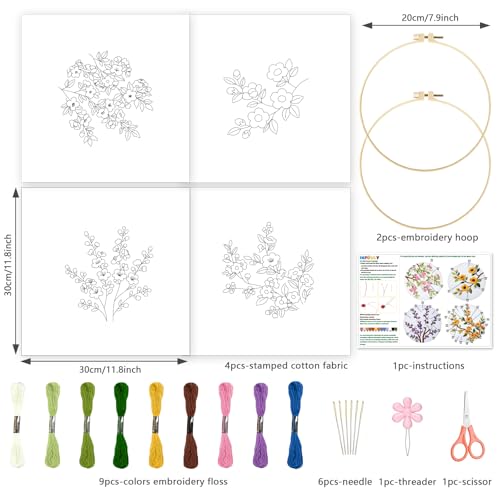 INFUNLY 4 Pack Seasons Flowers Embroidery Starter Kit for Beginners Branches Leaves DIY Embroidery Kits for Adults Stamped Needlepoint Set with Step-by-Step Instructions Threads Craft Lover Gift - style: Seasons