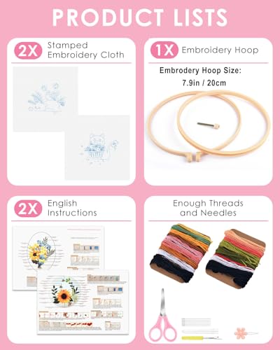 TINDTOP 2 Pack Embroidery Kit for Adult Beginners, Embroidery DIY Starter Kit, with Black Cat and Flowers Stamped Patterns, Hoop, Tools, Colorful Threads with Needles, Instructions - color: Black Cat