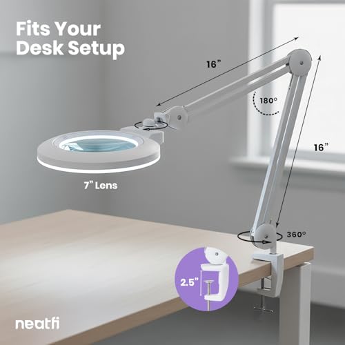 Neatfi XL Bifocal LED Magnifying Lamp, 7” Glass Lens, 2.25X/6X Magnification, 1,600 Lumens Dimmable | Hands-Free Close Work | Crafting, Jewelry & Reading (White-2, 7-inch Lens, Non-CCT with Clamp) - color: White-2, size: 7-inch Lens, Non-CCT with Clamp