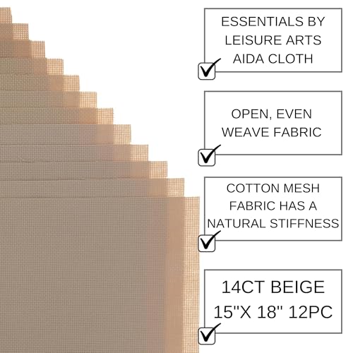 Essentials By Leisure Arts Aida Cloth, 14 Count, Beige, 12pc, Bulk, Cross Stitch Fabric, Embroidery Fabric, Cross Stitch Supplies for Crafting, Stitching, and Sewing Projects 15X18 - color: Beige