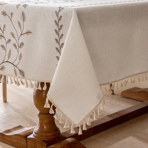 Joyfol Day Rectangle Linen Tablecloth, Heavy Duty Waterproof Tablecloths, Farmhouse Embroidery Leaves Table Cloth with Tassels, Soft Wrinkle Free Table Cover, Coffee Vines, 55''x 102'' - color: Coffee Vines, size: 102" x 55" (Rectangular)
