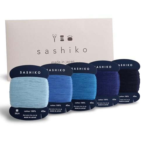 DARUMA Sashiko Thread 100% Cotton Card Type (43.7 yd) x 5 Colors with English Manual, Sewing & Embroidery Value Set with Gift Package(Thin, Amaoto) - color: Amaoto, size: Thin