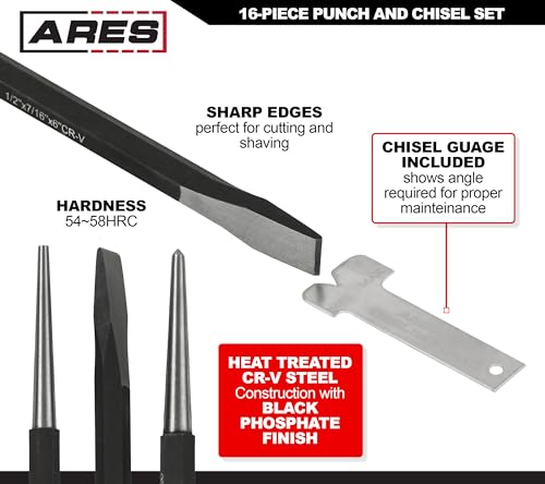 ARES 50005-16-Piece Punch and Chisel Set - Tapered, Pin, Center Punches & Cold Chisels for Various Applications - size: 16-Piece Punch and Chisel Set