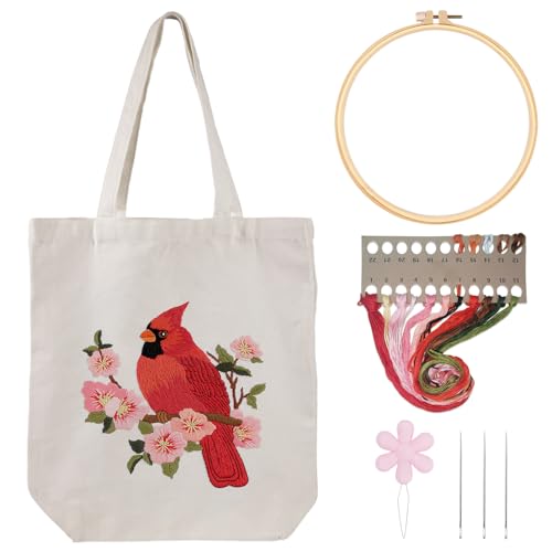 Louise Maelys Cardinal Embroidery Kit for Beginners Canvas Tote Bag - color: Cardinal