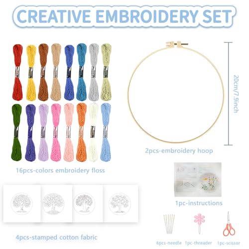 FREEBLOSS 4 Set Embroidery Kit Tree of Life Stamped Embroidery Starter Kit with Step by Step Instructions, Colored Threads, 2 Hoops, Needlepoint Kits for Hand Craft Lovers Gift, 30cm/11.8inch - style: Life Tree