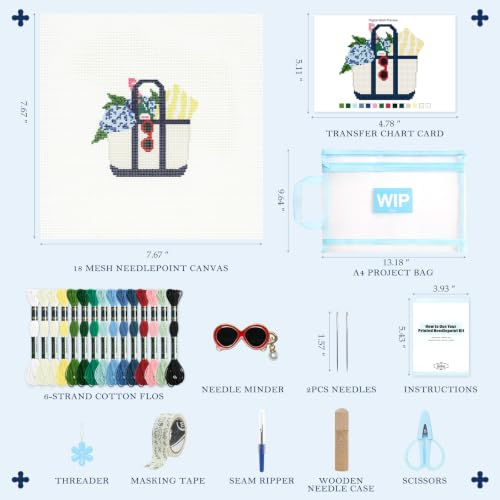 Kaitiaki 18 mesh Needlepoint Canvas Kit, 8 in Painted Canvas Set with Embroidery Floss, Needles, Guide Card, Instruction, Threader, Scissors & Project Bag for Crafter Gift(Tote Bag) - color: Tote Bag, size: 18 mesh